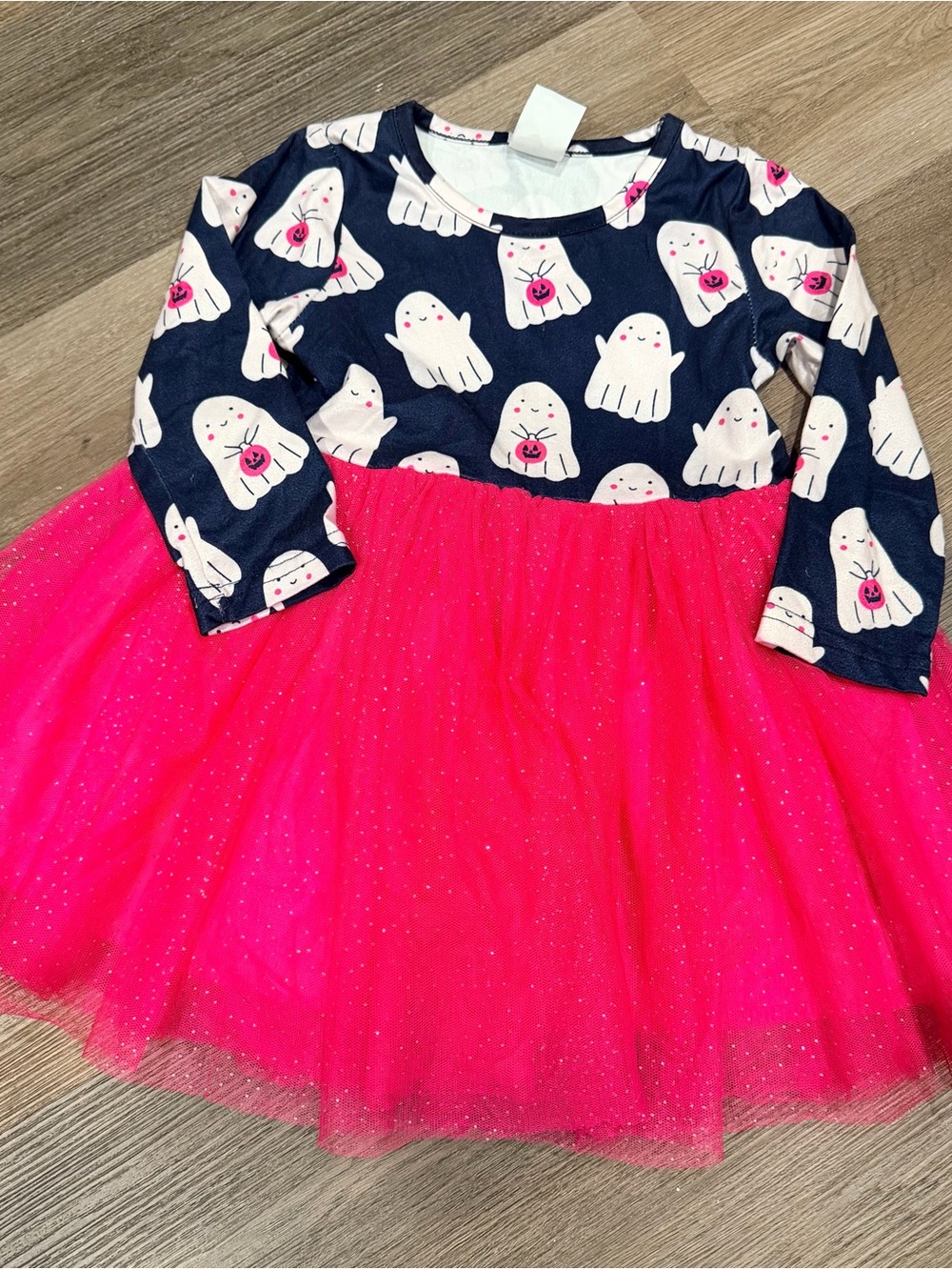 Kids Ghost Print Navy Top with Hot Pink Tulle Skirt Dress